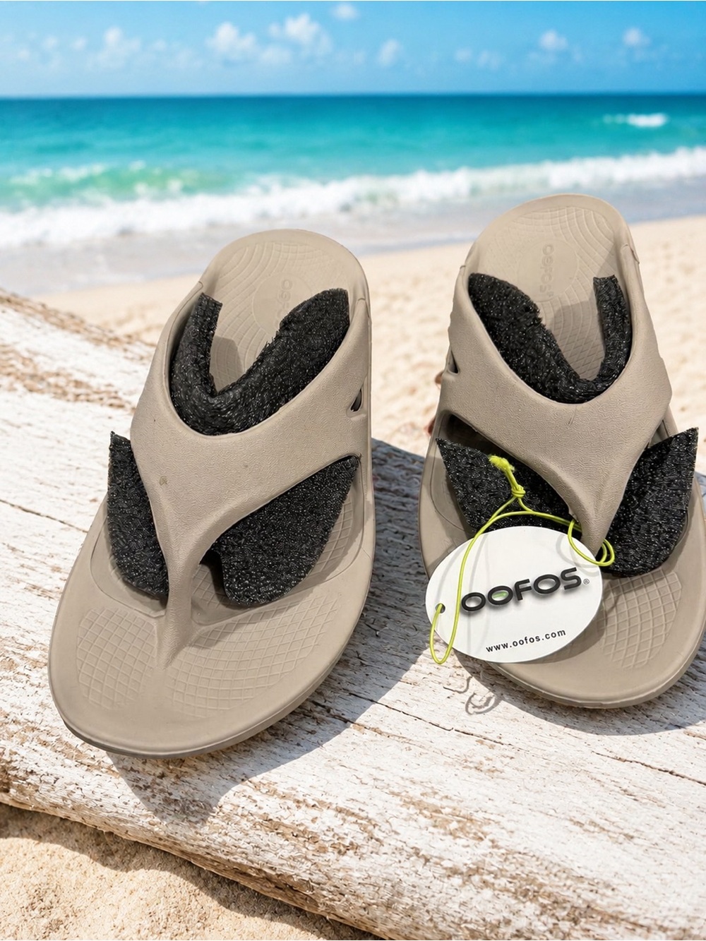 OOFOS Taupe Flip Sandals with Black Liner